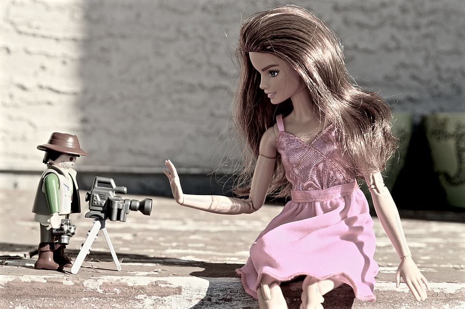 boneca barbie, frente, câmera de vídeo, homem câmera, dia, barbie, câmera, paparazzi, fotógrafo, fotografia