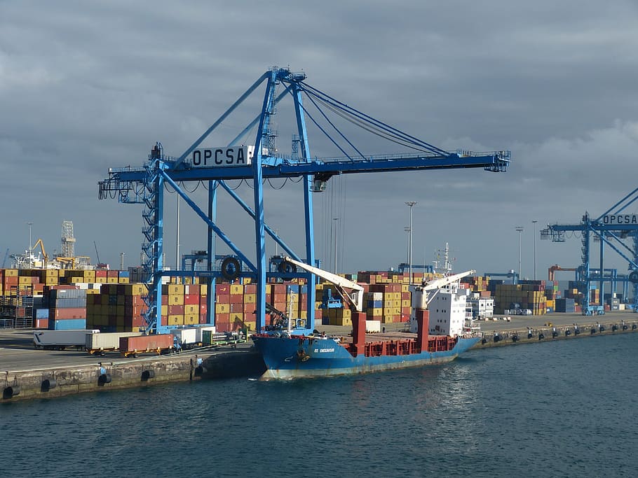 azul, grúa de carga, barco, contenedor, puerto, agua, envío, terminal de contenedores, industria, grúas portuarias