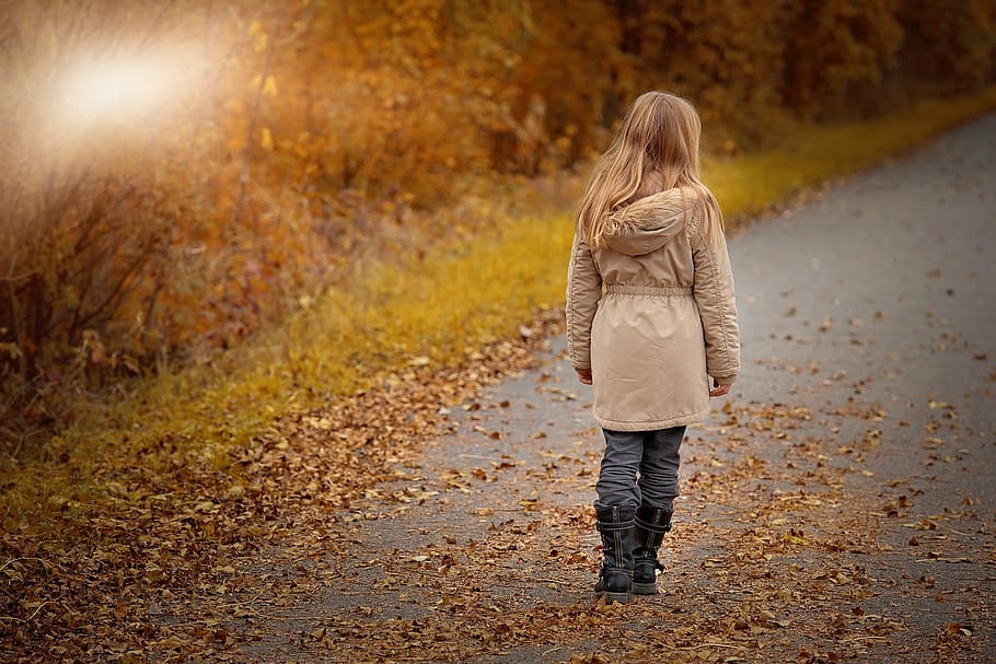 girl, wearing, beige, coat, black, boots, road, person, human, child