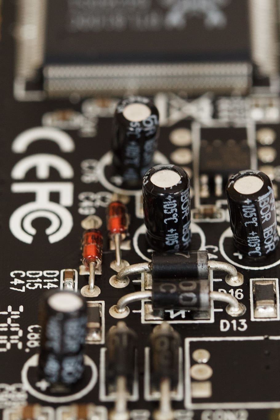 selective, focus photography, brown, motherboard, four, capacitors, abstract, background, board, card