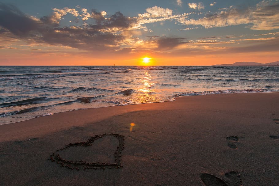 heart, written, beach sand, golden, hour, golden hour, sea, background, beach, beautiful