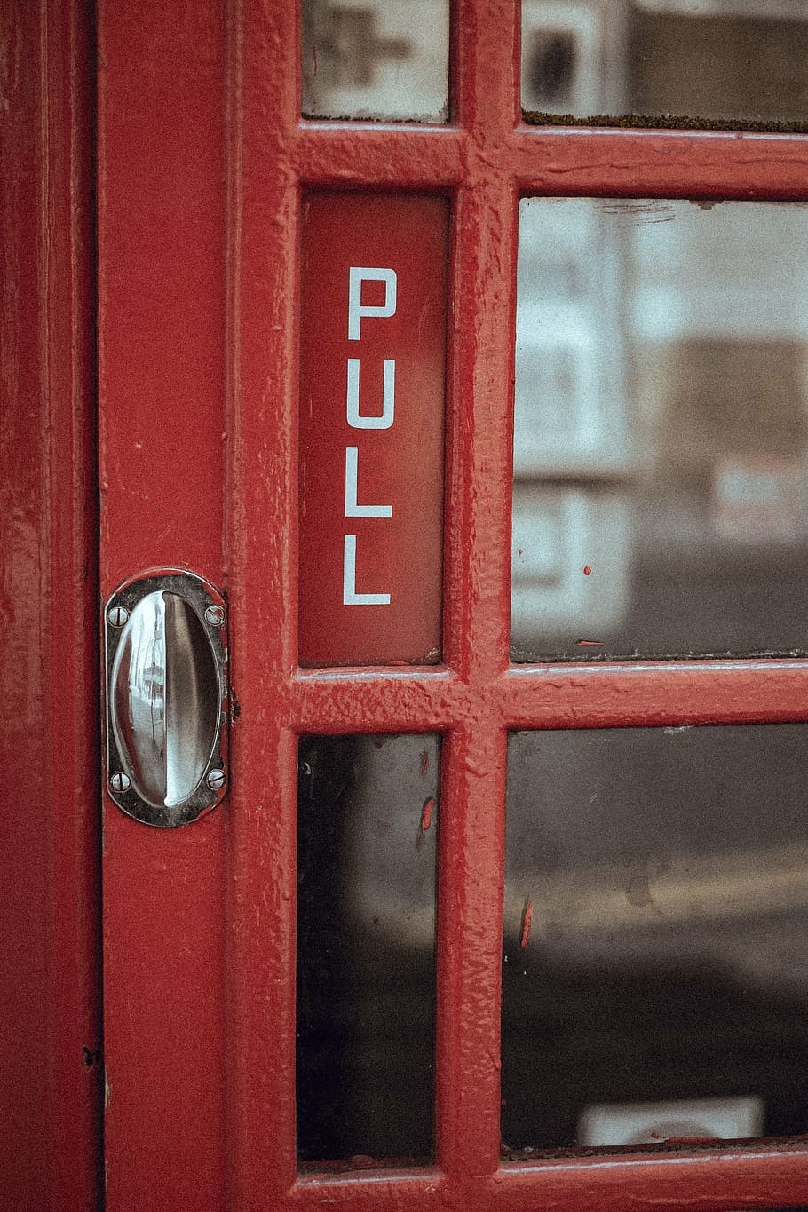 red, closed, door, pull, sign, telephone, booth, payphone, old, old-fashioned