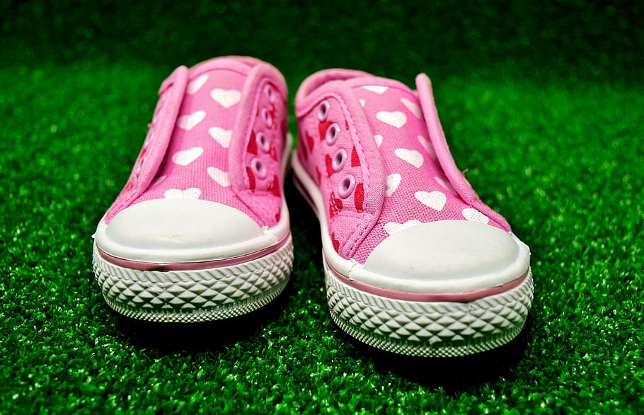 pair, pink-and-white, heart, print, low-top, shoes, green, grass, children's shoes, cute
