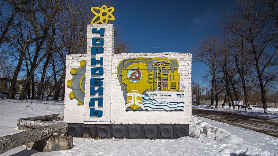 chernobyl, letrero de la ciudad, nieve, zona de exclusión, invierno, frío, ucrania, radiación, abandonado, urbano