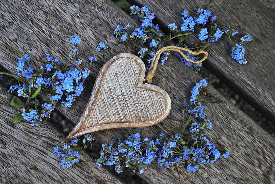 don't forget about me, heart, wooden, goodbye, end, small flowers, nots, the delicacy, blue, closeup