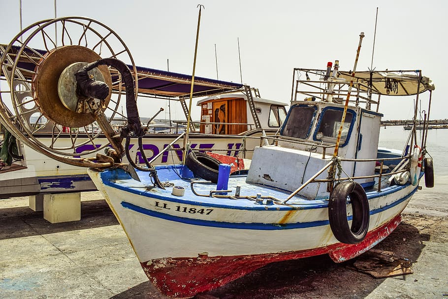 fishing boat, wooden, traditional, grounded, shipyard, harbor, paphos, cyprus, nautical vessel, transportation