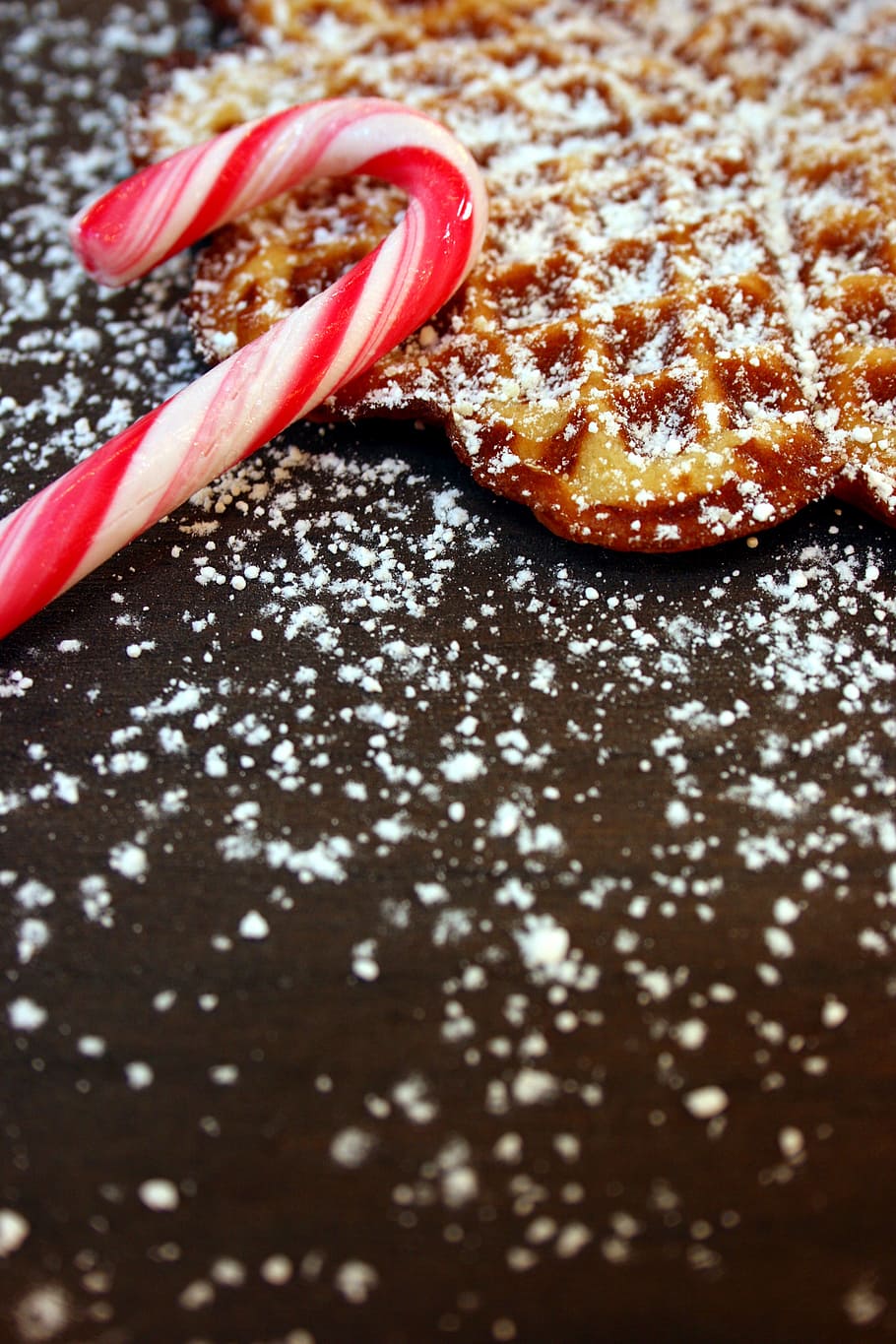 赤, 白, キャンディーケーン, ワッフル, クリスマス, 砂糖, 甘さ, 食品, 粉砂糖, 甘い