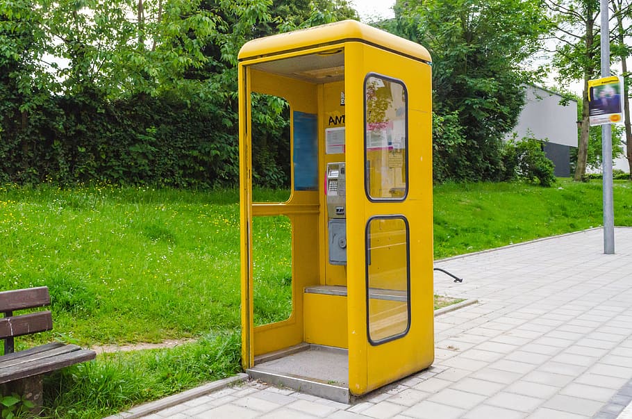 yellow, telephone booth, across, green, trees, phone booth, dispensary, phone, emergency, call