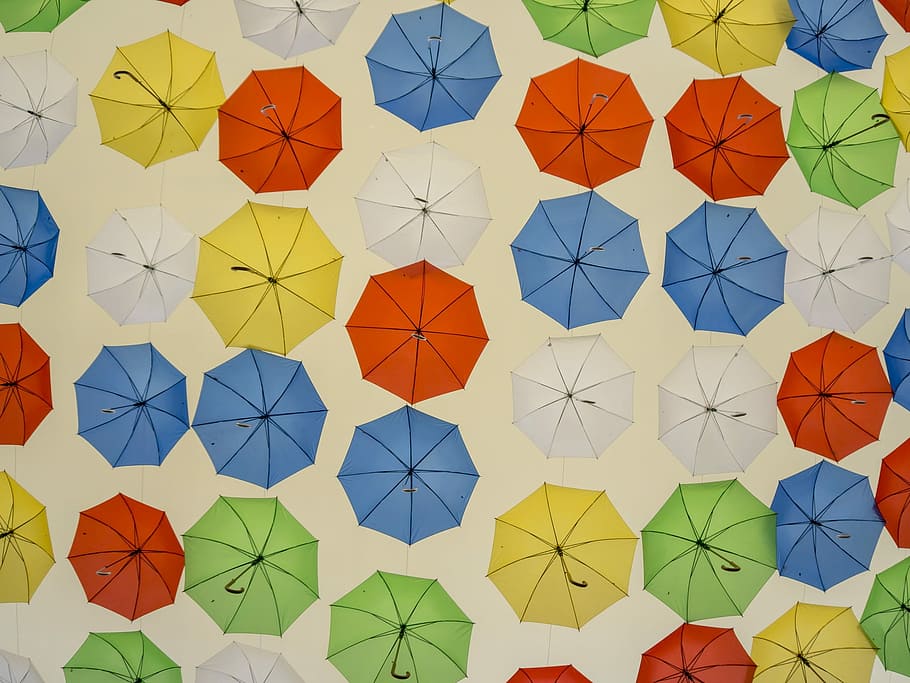 Umbrellas, Colors, Umbrella, blue, yellow, orange, shadow, summer, spring, pattern