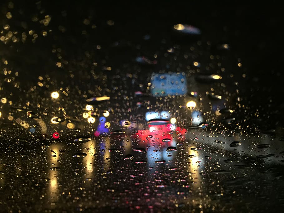Raindrops, Night, Neon Light, rain, wet, weather, raindrop, rainy season, illuminated, car