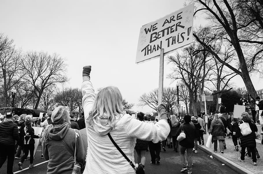 grayscale photo, people, rallying, road, woman, black and white, monochrome, rally, protest, unite