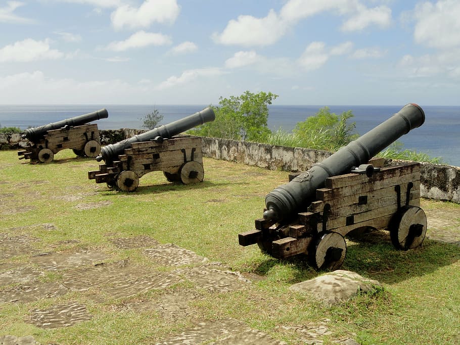 guam, cannon, sky, clouds, sea, ocean, water, nature, outside, grass
