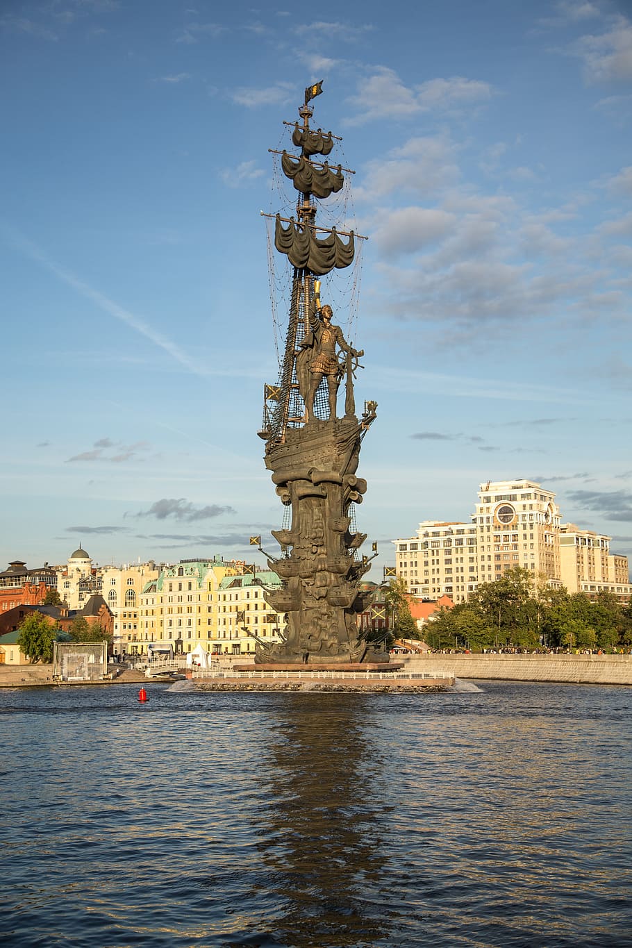 moscow, the moscow river, river, city, sky, moscow river, sights, monument, the monument to peter, peter