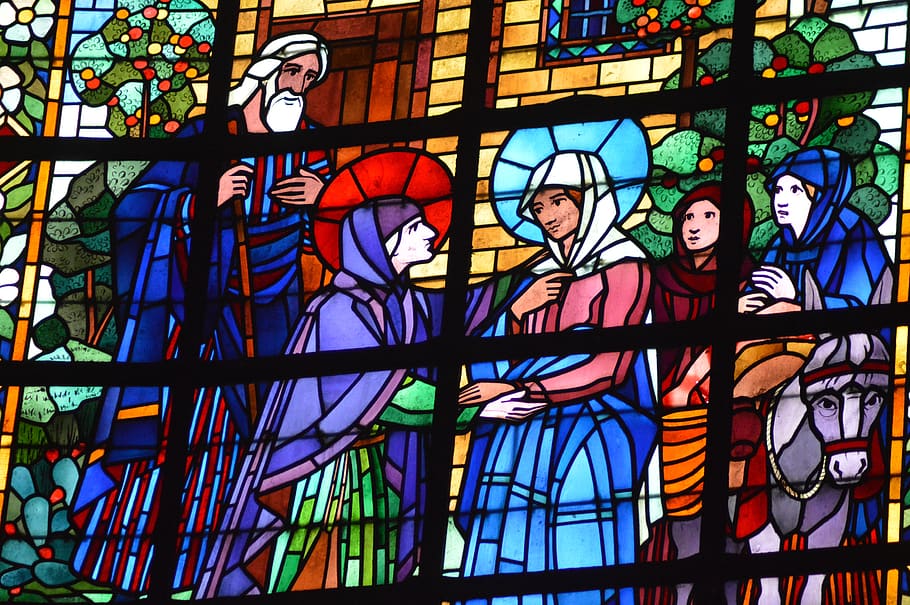 stained glass, window, church, visitation, mary, elisabeth, zechariah, rings, saintes, women