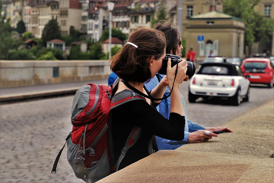 woman, using, dslr camera, tour, tourism, photographer, backpack, adult, travel, tourist