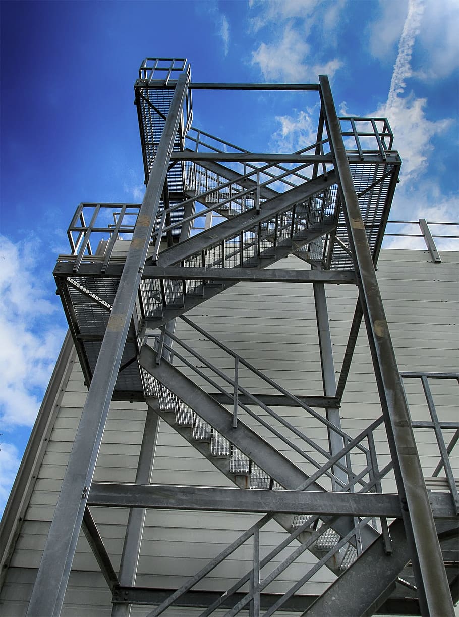 building, sky, stairs, exterior, industrial, metal, steel, hdr, architecture, low angle view
