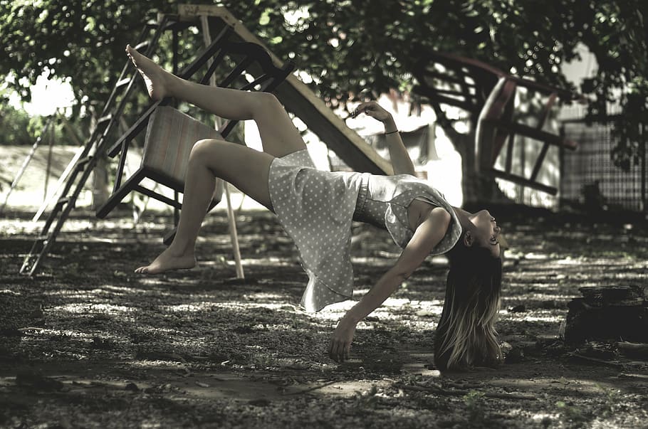 woman, falling, chair, levitation, young woman, in the air, falling down, photography, model, fashion