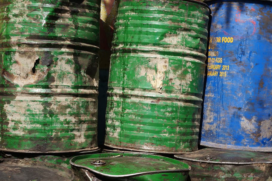 steel barrels, oil, barrels, metal, barrel, fuel, industry, blue, green, storage