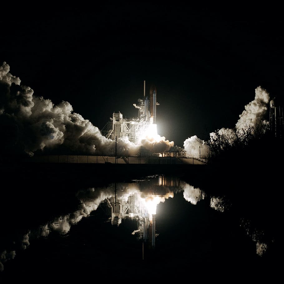 foto, blanco, transbordador, lanzamiento, noche, transbordador espacial colombia, misión, astronautas, despegue, cohetes