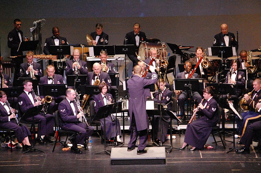 orchestra, playing, stage, military band, concert, uniform, music, instruments, event, performance