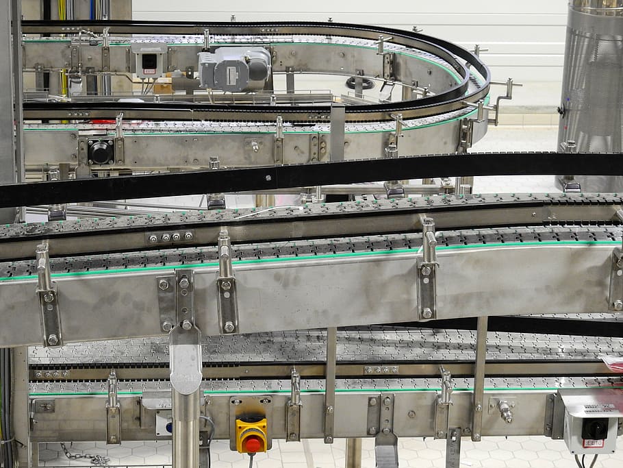 gray, metal conveyer belt, industry, metal, stainless steel, anlagentechnik, technology, band, conveyor belt, conveyor technology
