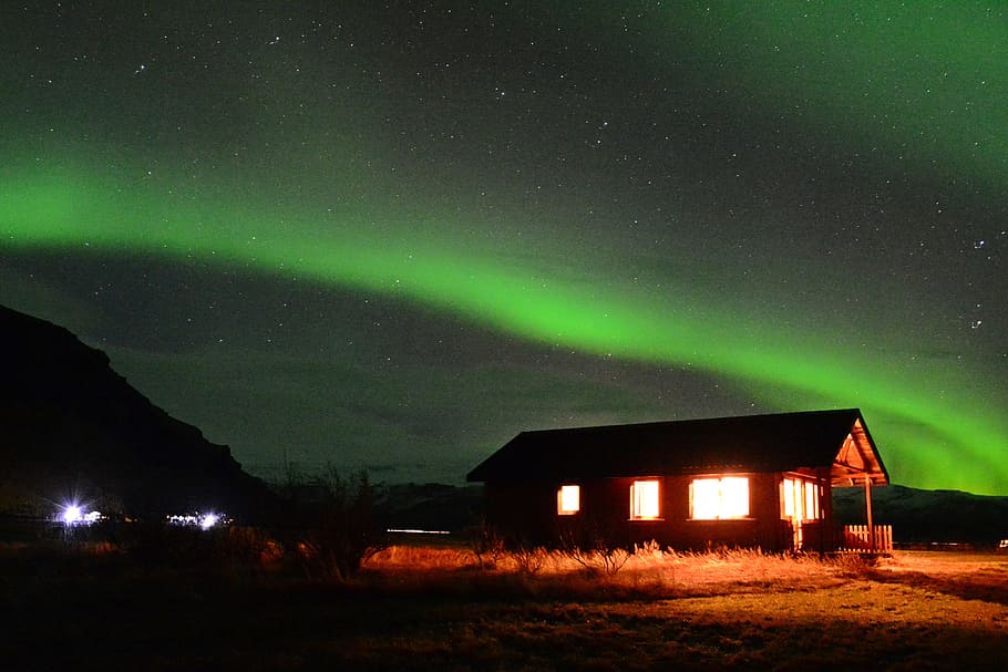 Islandia, Vik, sur, auroras boreales, aurora, la noche, iluminada, noche, color verde, al aire libre