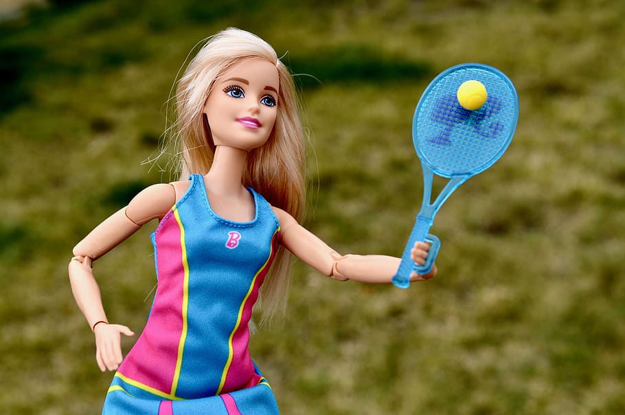 barbie, rosa, azul, tanque, topo, exploração, raquete de tênis, boneca, tênis, jogando