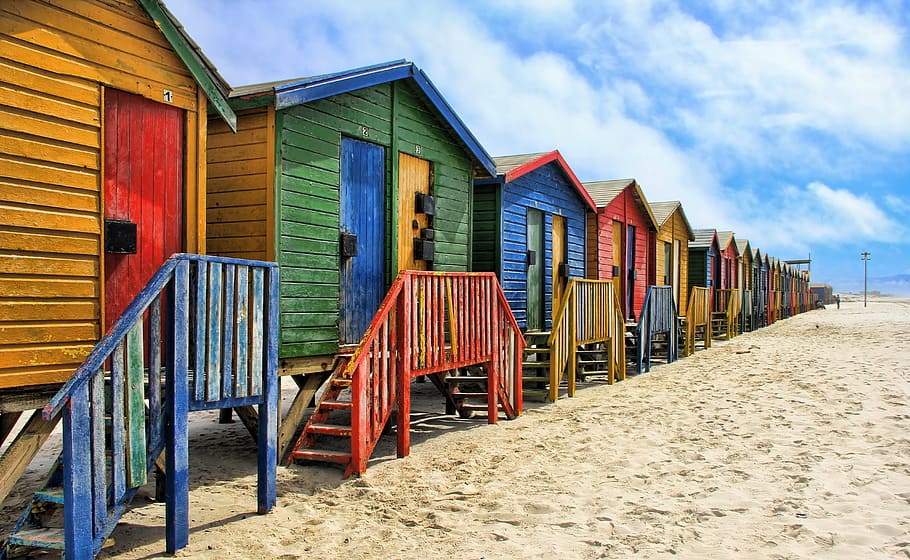 assorted-color, wooden, house, white, clouds, south africa, muizenberg, colorful, cottage, sand beach