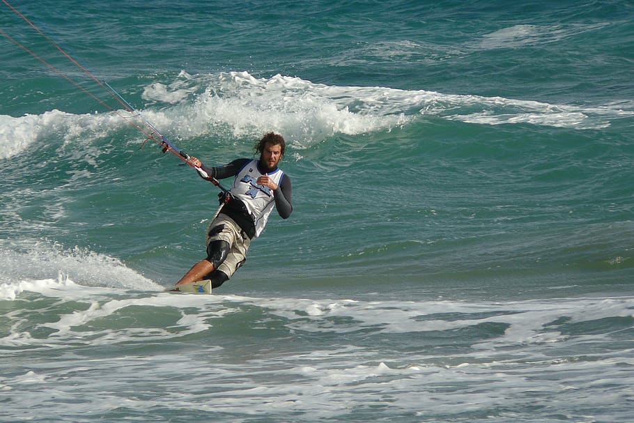 golden beach, kite boarding, sport, water, ocean, surf, sea, motion, wave, one person