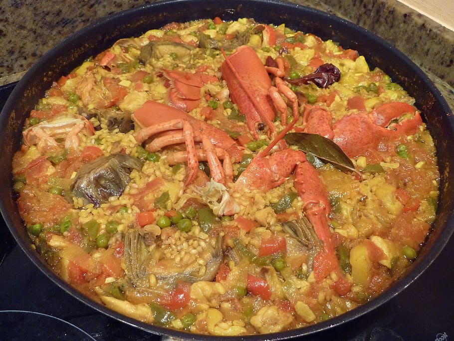 cooked, lobster, vegetables, Paella, Food, Rice, Grain, conine spanish, stew, seafood
