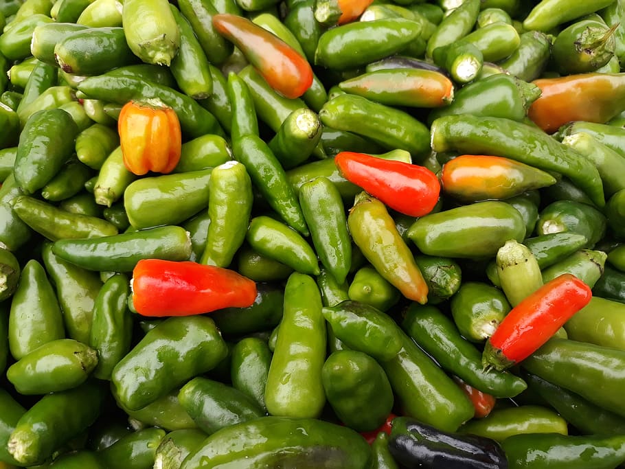 comida, pimentas, mercado, fresco, orgânico, ingredientes, vermelho, verde, superior, vegetal