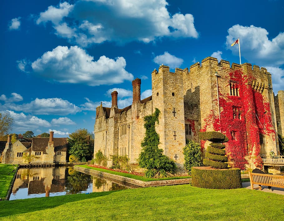 sky, castle, fortress, hever, england, wine, moat, architecture, history, built structure