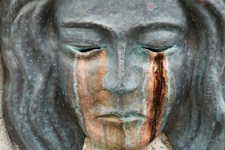 female statue's face, sculpture, mask, tears bronze, sadness, human representation, representation, art and craft, statue, male likeness
