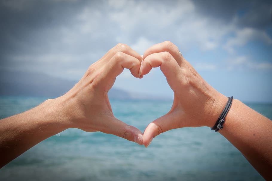 heart, hands, love, romance, ocean, sea, lake, water, clouds, human hand