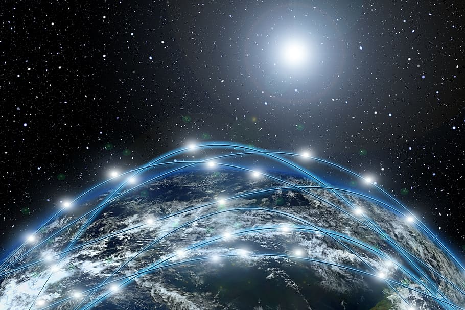Ilustración del globo del mundo, red, astronomía, planeta, espacio, galaxia, un viaje de descubrimiento, universo, fondo, futurista