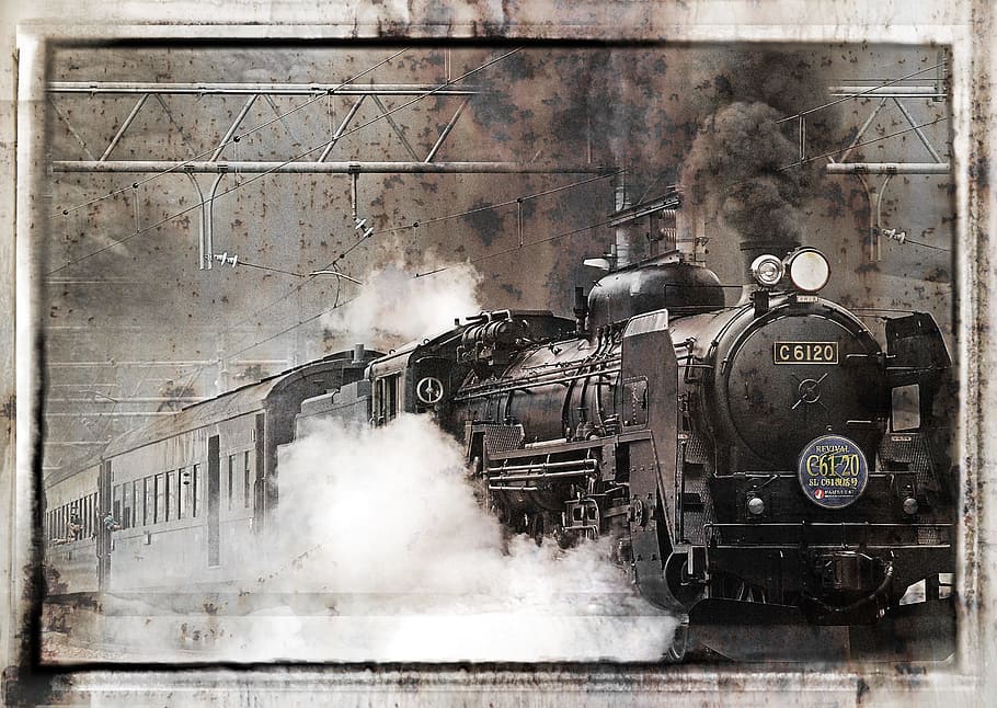 foto, hitam, kereta lokomotif, kereta uap, lokomotif, kuno, kereta api, tua, transportasi, retro