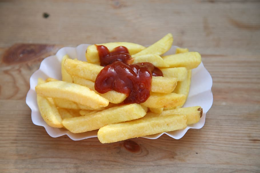 french fries, tomato sauce, food, eat, gourmet, court, ketchup, deep fried, frits, unhealthy