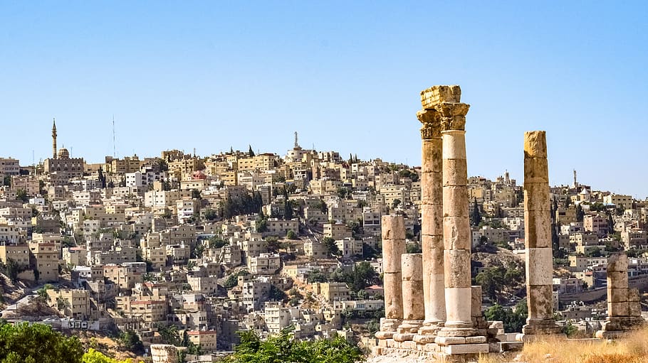 temple of hercules, historic site, roman temple, pillars, amman citadel, ancient, historic, travel, tourism, archaeology