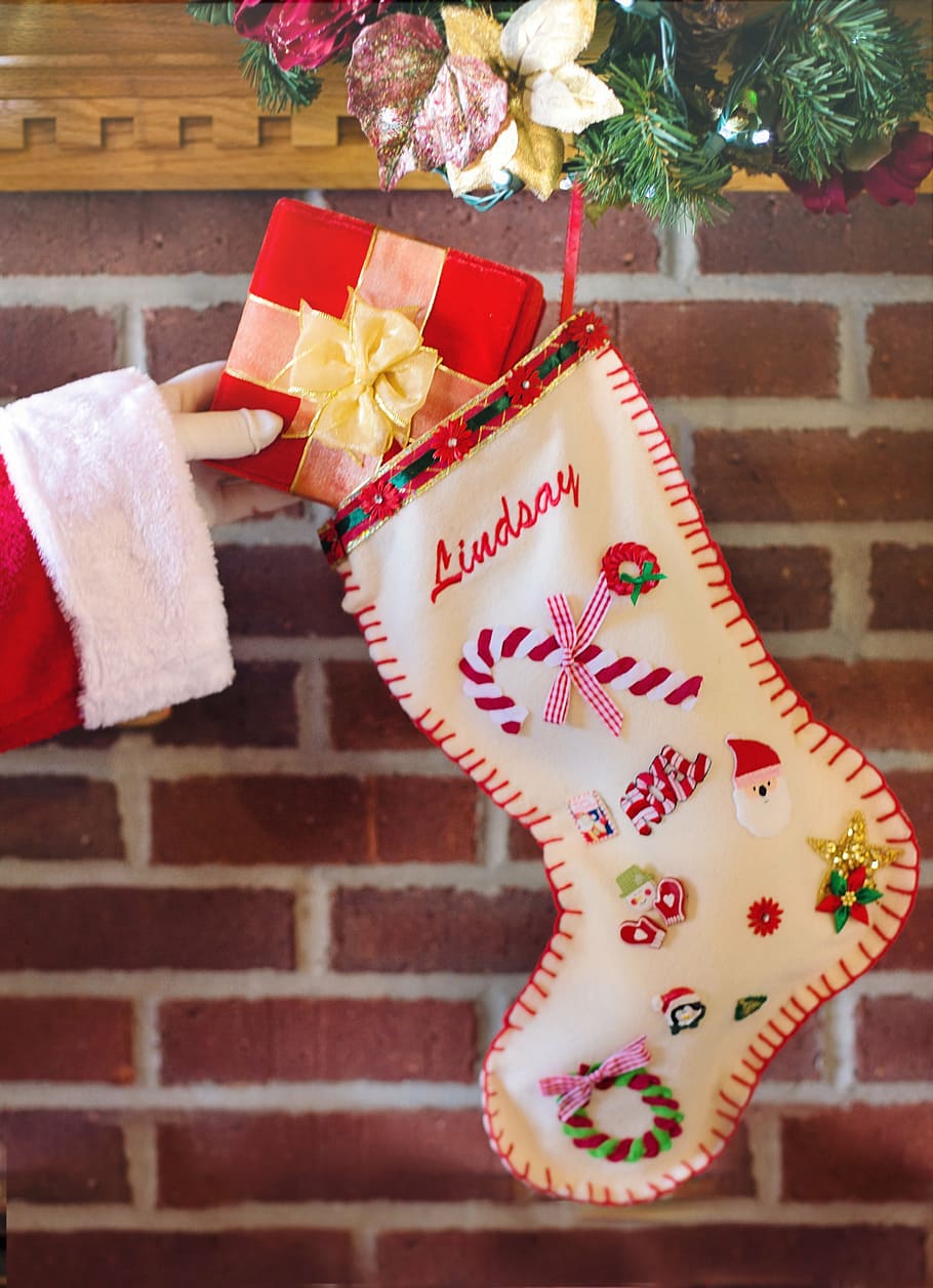 white, red, christmas, stocking, decor, santa's arm, christmas stocking, gift, holiday, present