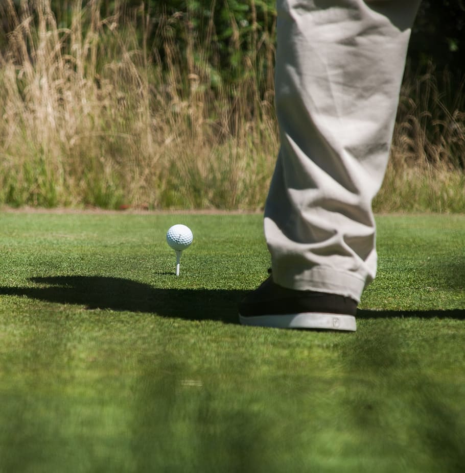 person, standing, front golf ball, tee, golf, ball, sport, green, course, golfing
