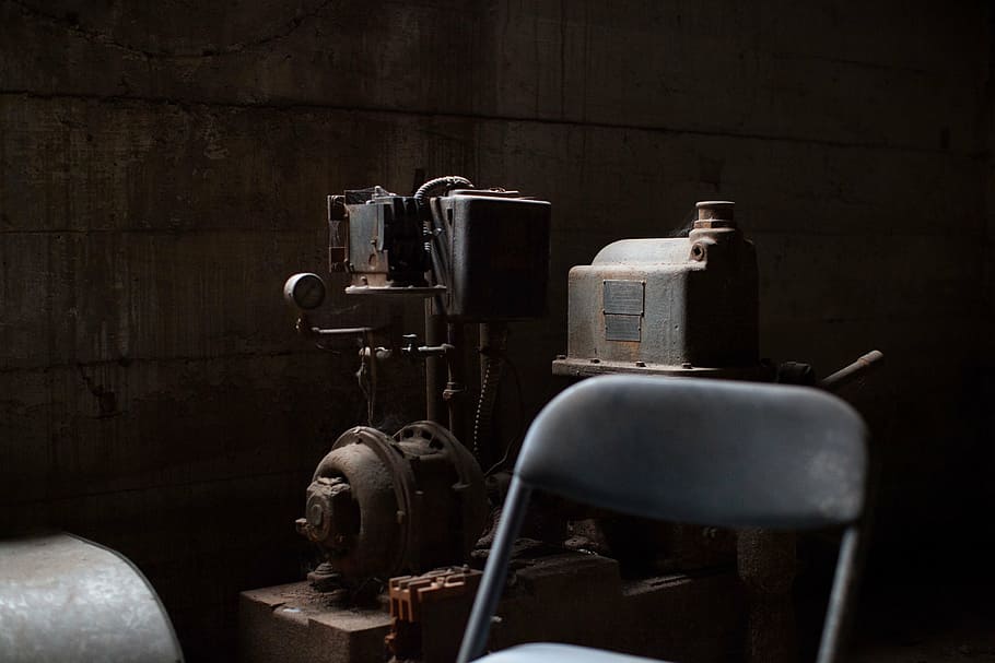 gris, negro, industrial, máquina, silla, oxidado, metal, antiguo, vintage, equipo