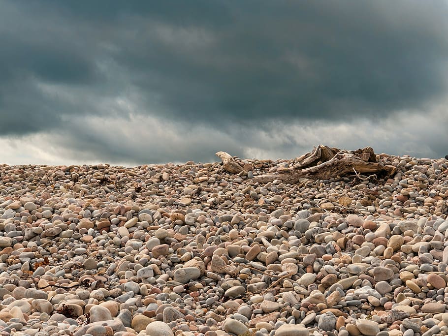 Hot Weather, Pebbles, Beach, Driftwood, summer, stormy, storm, sky, coast, outdoors