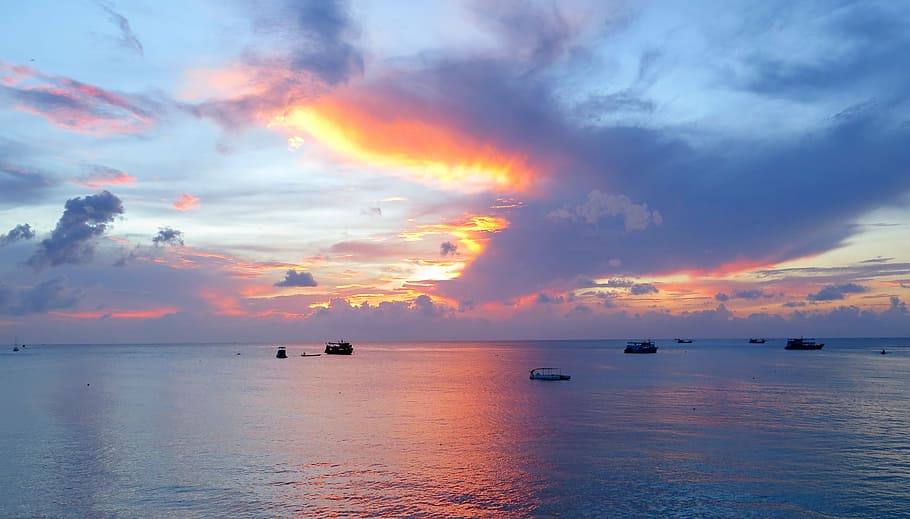 calm, body, water, white, sky, koh tao, sunset, thailand, sea, beach