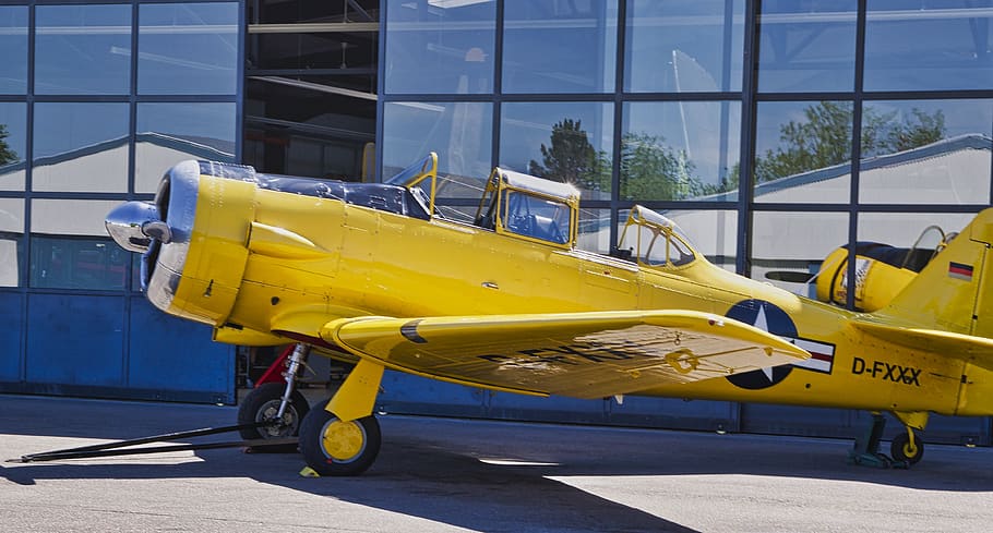 aircraft, vehicle, airport, yellow, oldtimer, propeller, propeller plane, flying, flyer, aviation