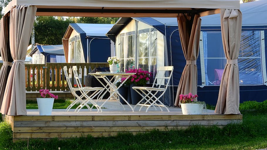 brown, canopy tent, white, metal 2- piece patio, 2-piece, set, underneath, daytime, camping, veranda
