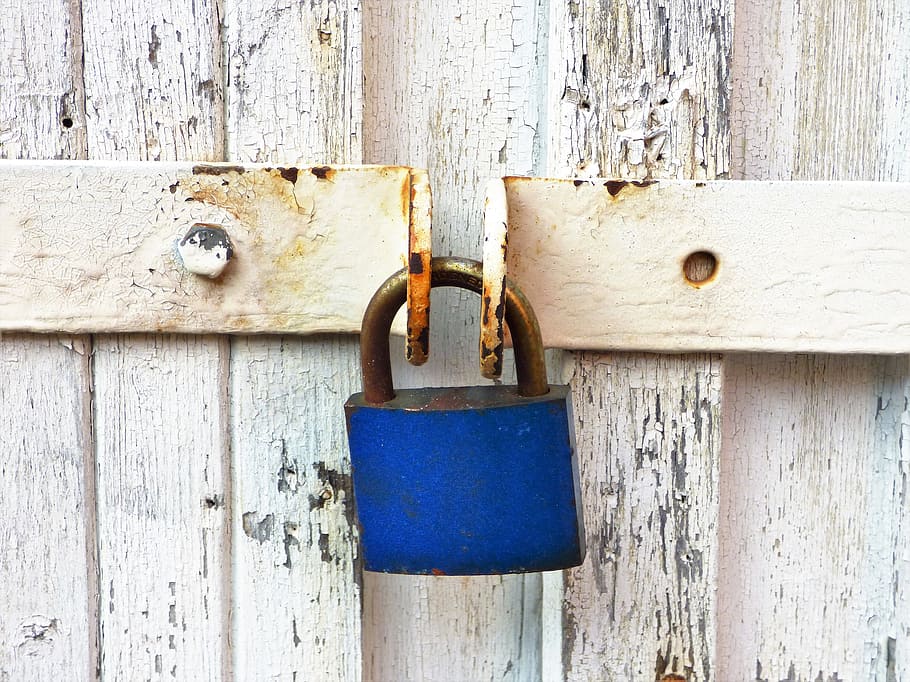 Padlock, Lock, Rust, Iron, Entrance, metal padlock, padlocks labels, door lock, old door, blue