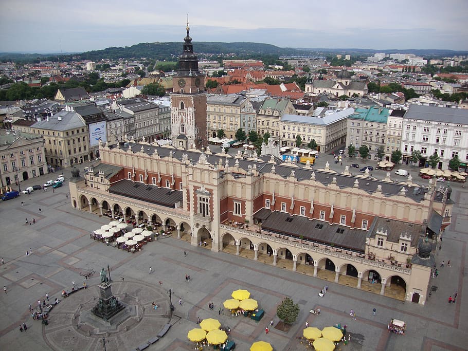 aerial, brown, concrete, building, daytime, kraków, poland, cloth hall sukiennice, the market, architecture