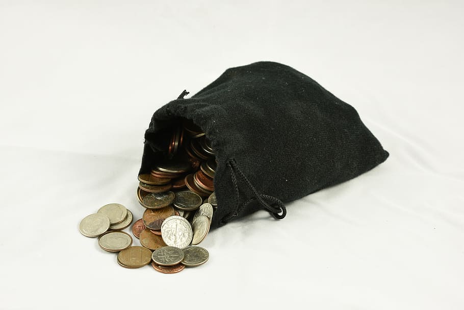 coin lot, black, purse, bag of coins, coin purse, money, drawstring bag, pouch, treasure, currency