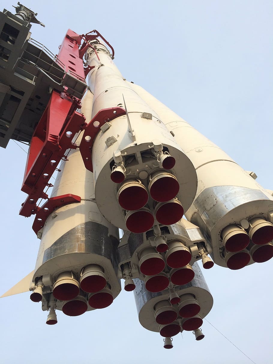 low, angle photo, white, red, rocket, cosmos, gagarin, cosmodrome, universe, flight