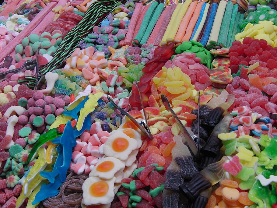 assorted, gummy, candies, rack, Candy, Sweets, Colors, Fried Eggs, eggs, boqueria